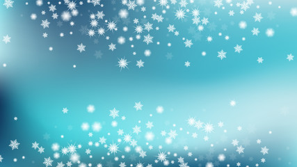 Christmass winter background. Card or banner with flakes confetti scatter frame, snow elements. Holiday picture of the Christmas banner. Blue base.