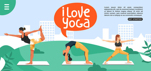 Sporty women practicing yoga in the park. Girls standing in various poses. Website landing page design template. Vector.