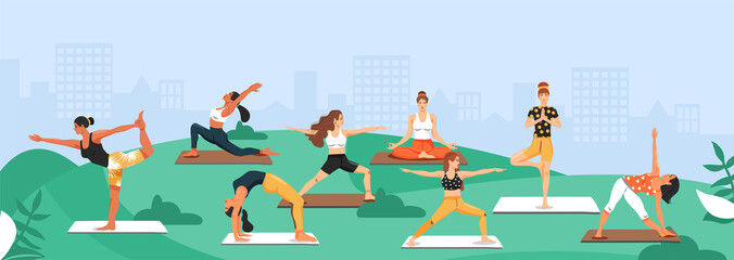 Sporty women practicing yoga in the park. Girls standing in various poses. Vector illustration with copy space.