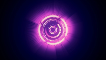 Abstract futuristic motion graphics circular clockwork mechanism assembles, rotates, turns on with glow. Digital isolated design background element. Technology mechanism activation concept 3D render