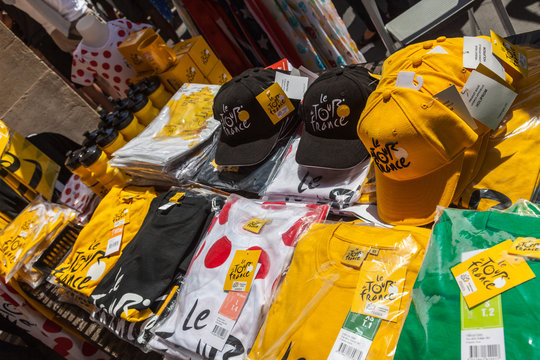 Paris,France,July 22nd, 2012: Image Of A Street Stand Full Of Various Souvenirs Of Le Tour De France In Paris.