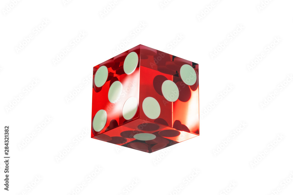 Wall mural one dice red glass with sharp edges and a light flare, isolated on a white background. sides five, t