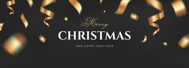 Merry Christmas vector design. Black golden background with flying gold confetti and congratulations text. Elegant festive decoration, long panoramic gift card or wide web banner layout template