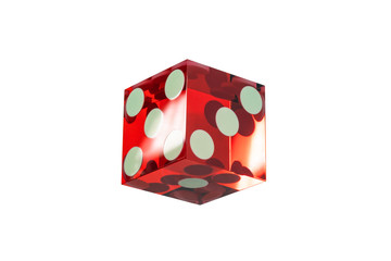 One dice red glass with sharp edges and a light flare, isolated on a white background. Sides five,...