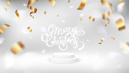 Fototapeta na wymiar Merry Christmas white background design with golden ribbon decoration