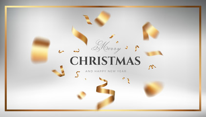 Merry Christmas white background design with golden ribbon decoration