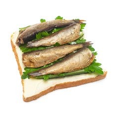 Sandwich with bread, sprats and parsley isolated on white background. Flat lay, top view