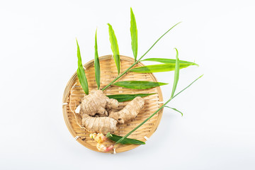 Dried ginger and green ginger leaves