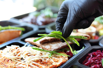 Catering. Appetizing lunch boxes. Food delivered to your doorstep