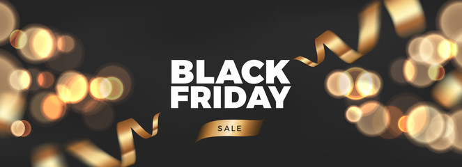 Black Friday background design with golden ribbon decoration