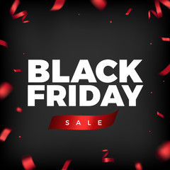 Black Friday Sale vector design. Black background with flying red confetti ribbons and white text. Elegant festive decoration, web, email or print banner layout template