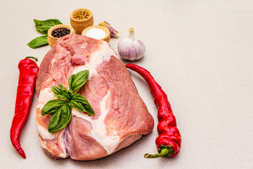 Raw pork meat sirloin with fresh vegetables and dry spice