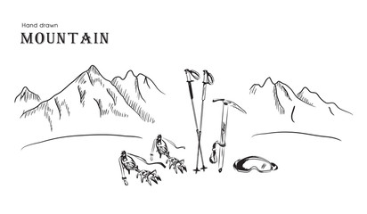 Alpine equipment on a background of mountains. Hand drawn vector illustration. Black line on a white background.