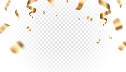 Golden ribbons vector design. Transparent luxury flying gold confetti in empty space. Elegant festive decoration for photo, gift card or web banner template