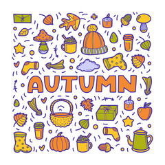 Fototapeta na wymiar Autumn lineart icons doodles elements collection. Vector set