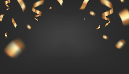 Rich luxury vector design. Black golden background with flying gold confetti and empty space. Elegant festive decoration, gift card or web banner template