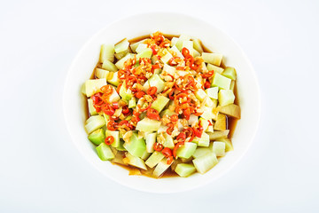 Chinese dish of sauteed kale root on white background