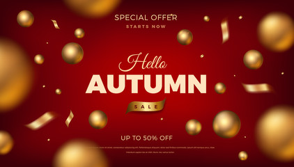 Fototapeta na wymiar Autumn sale banner background with golden confetti decoration, vector promo design elements. Web layout template