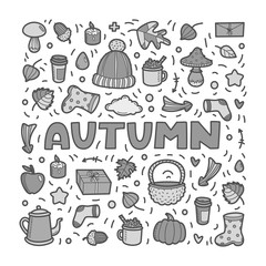 Autumn lineart icons doodles elements collection. Vector set