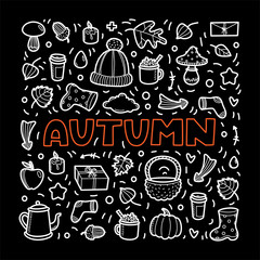 Fototapeta premium Autumn lineart icons doodles elements collection. Vector set