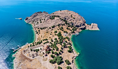 Aerial view of Akdamar Holy Cross Church, hidden monuments of Anatolia. Island of Akdamar on lake...