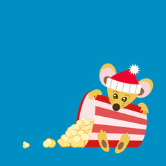 New Year movie show. Invitation to the cinema for a Christmas film. The Chinese symbol of the 2020 new year is a yellow rat holding an inverted striped container with scattered popcorn.