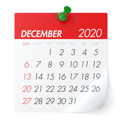 December 2020 - Calendar. Isolated on White Background. 3D Illustration