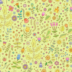 Summer floral seamless pattern with leaves and flowers, colorful background. Vector contour  image. Doodle bugs.