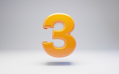 Number 3. 3D orange glossy number isolated on white background.
