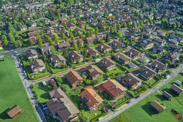 Aerial view of a holiday home settlement at the edge of a Bavarian small town