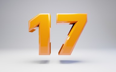 Number 17. 3D orange glossy number isolated on white background.