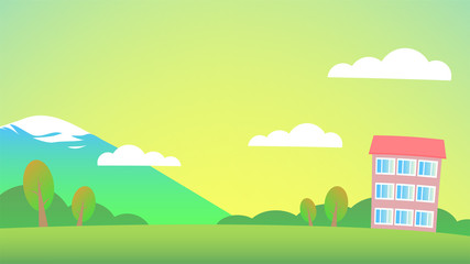 Sunny summer landscape with a residential building, trees and mountains. Vector illustration in cartoon style for a banner.