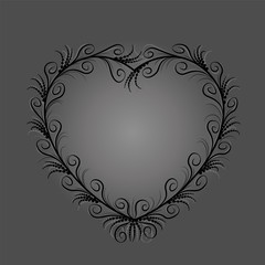 Black heart with elegant, delicate, filigree flourishes, but also mysterious, secretive, melancholic, occult, sinister and spooky. Isolated vector illustration on gray background.