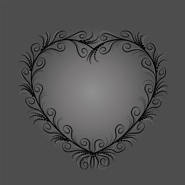 Black heart with elegant, delicate, filigree flourishes, but also mysterious, secretive, melancholic, occult, sinister and spooky. Isolated vector illustration on gray background.