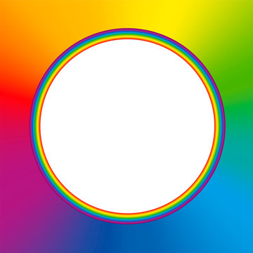 Rainbow colored round frame with colorful rainbow gradient background and white blank center. Vector illustration.