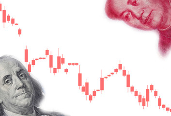 US dollar and Yuan banknote with decline of stock bar graph on white back graph. Its is symbol for...