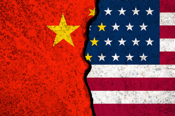 Closeup crack of USA flag and China flag .It is symbol of tariff trade war crisis between United...