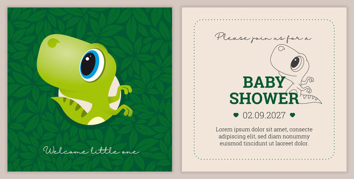 Vector template baby shower invitation card with animal cartoon little dino. Green background with leaves texture and sample text.