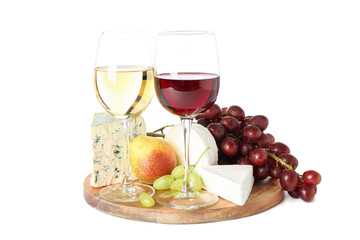 Board, glasses with wine, cheese and fruits isolated on white background