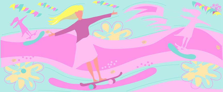 Girls, women skating on skateboard. Concept of woman freedom, active lifestyle, outdoor activities, sports, happiness. Flat, cartoon style. Copy space. Pink green half banner. Wide horizontal banner. © Studio Dagdagaz
