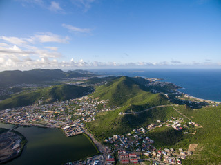 High aerial view of the island of st.maarten during sunset