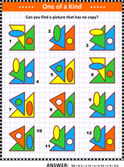 IQ training educational math puzzle for kids and adults with basic shapes -  oval, circle, triangles - overlays and colors: Can you find the picture that has no copy? Answer included.