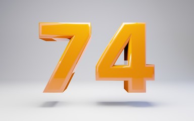 Number 74. 3D orange glossy number isolated on white background.
