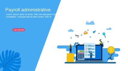 Website or landing page of Payroll, salary payment administrative with Tiny People Character Concept Vector Illustration, Suitable For Wallpaper, Banner, Background, Card, - obrazy, fototapety, plakaty