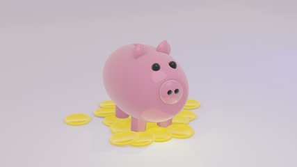 Piggy piggy bank stands on gold coins