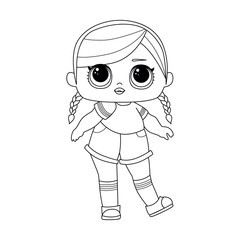 Cute big-eyed little girl with two braids. Linear vector illustration isolated on white background. Coloring pages for younger students and preschoolers.