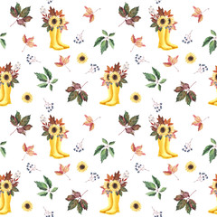 Hand painted Watercolor Seamless Pattern with yellow rubber boots, sunflowers, Autumn leaves and berries