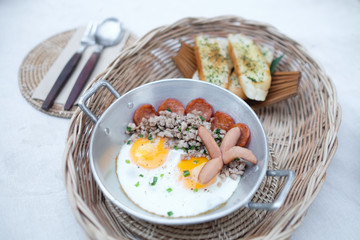 Morning breakfast food for eating with omelet ad bread  