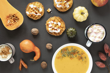Top view autumn food with gray background