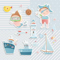 Sea set with funny children, ship, boat, fish. Scrapbook collection.